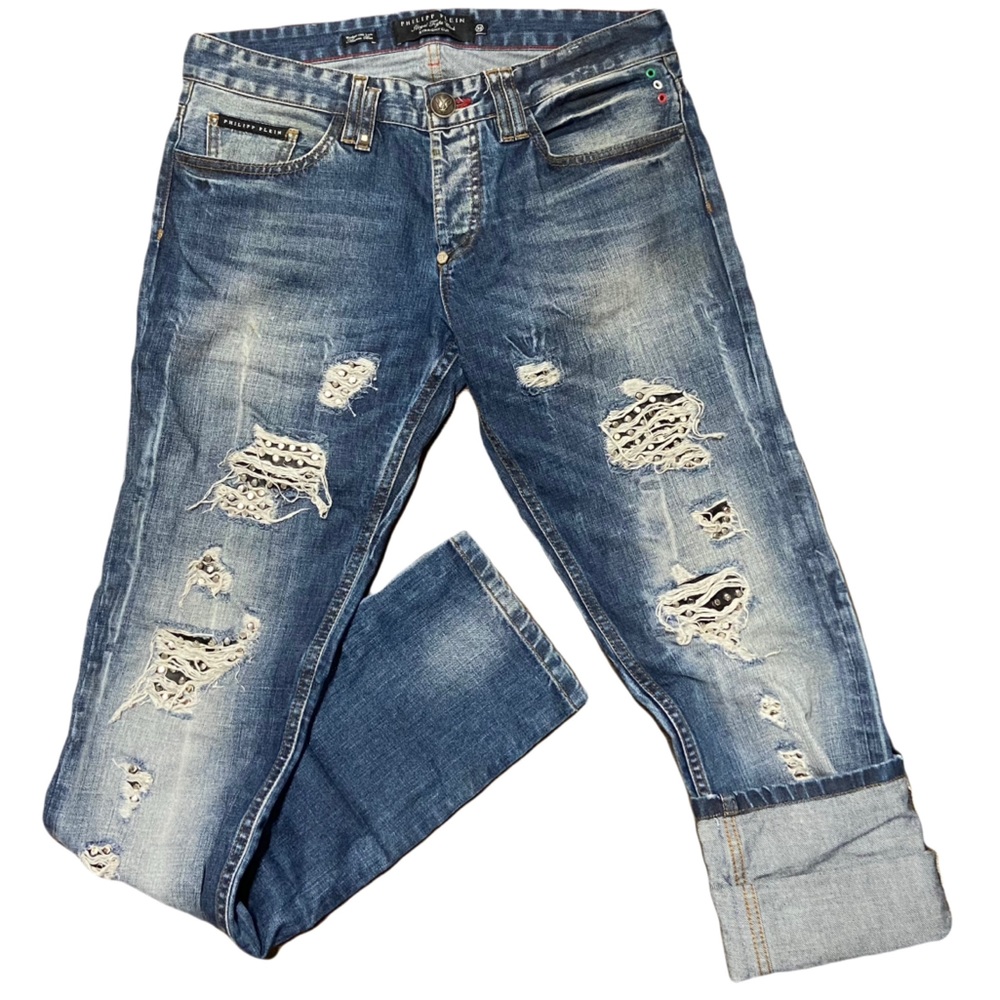 Philipp Plein distressed stud jeans faded blue Illegal fight cut straight cut 33